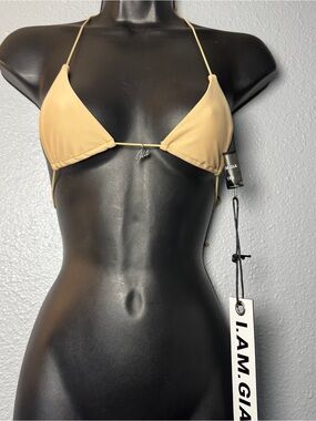 I Am Gia NWT Logo Triangle tie up String Bikini tan Womens Top XXS with charm
